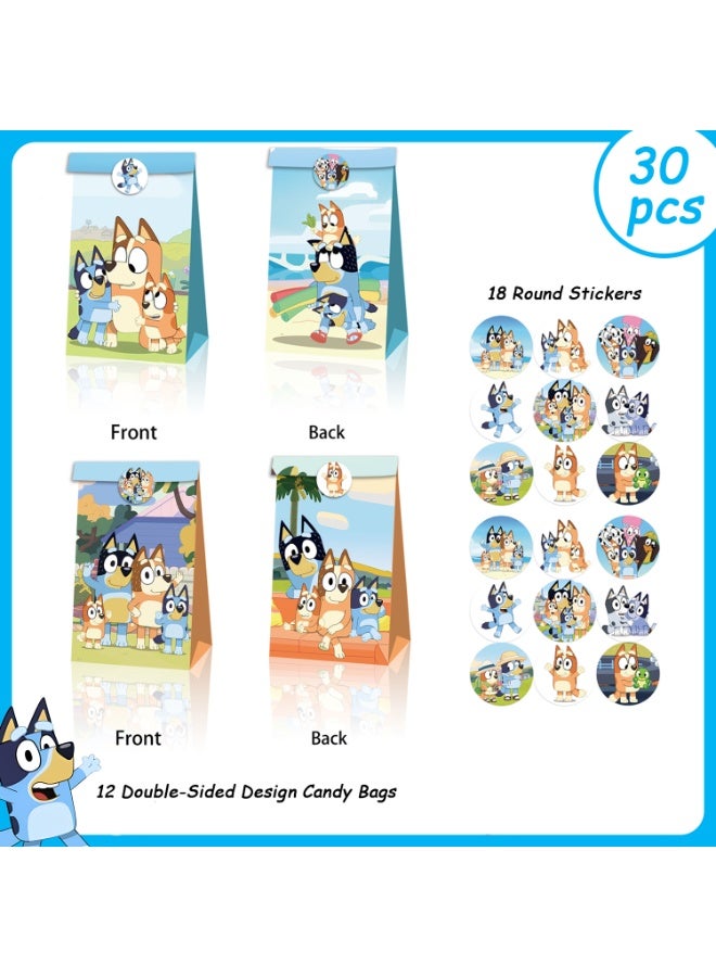 ILovhaprty 30pcs Bluey Party Favor Bags with Stickers – 12 Bluey Double-Sided Designd Candy Bags + 18 Round Stickers, Loot Bags for Bluey Birthday Party Supplies Bluey Gift Bags for Kids Family - Image 2